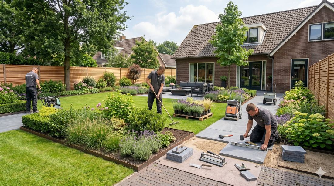 Hoveniers werken aan bestrating en tuinaanleg